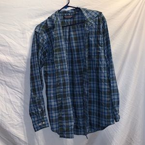 blue and grey plaid shirt